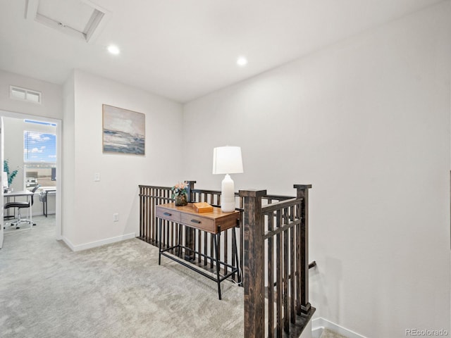 carpeted bedroom featuring baseboards, recessed lighting, visible vents, and attic access