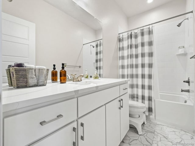 bathroom with recessed lighting, toilet, marble finish floor, shower / bath combination with curtain, and vanity