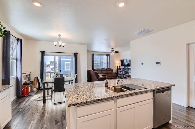 235 Yellowtail St, Bennett, CO 80102 - kitchen featuring visible vents, a sink, white cabinetry, dark wood-type flooring, and stainless steel dishwasher