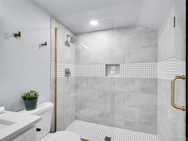 5152 Bryant St, Denver, CO 80221 - bathroom featuring a tile shower, toilet, vanity, vaulted ceiling, and a textured wall