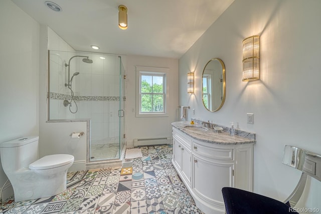 16202 County Road 327, Buena Vista, CO 81211 - bathroom featuring baseboard heating, a shower stall, vanity, tile patterned flooring, and recessed lighting