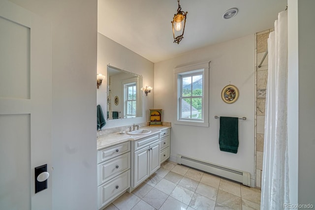 16202 County Road 327, Buena Vista, CO 81211 - full bath featuring a baseboard heating unit, vanity, and a shower with curtain