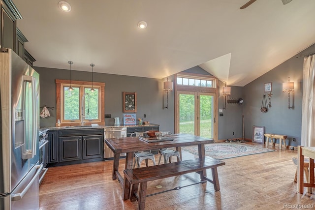 16202 County Road 327, Buena Vista, CO 81211 - dining room with light wood finished floors, ceiling fan, vaulted ceiling, and recessed lighting
