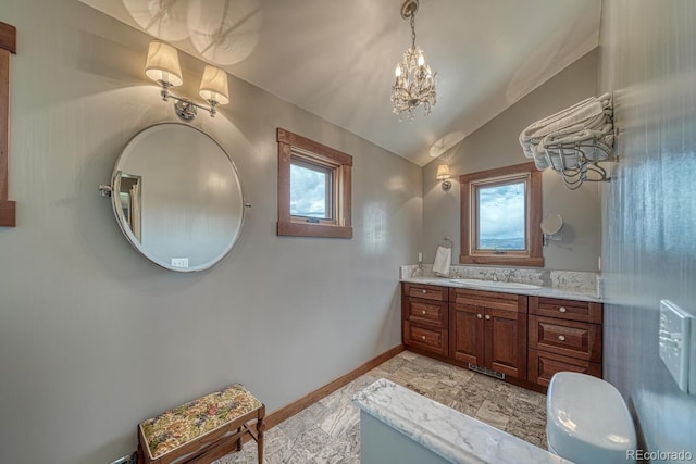 16202 County Road 327, Buena Vista, CO 81211 - bathroom featuring vaulted ceiling, a chandelier, plenty of natural light, and vanity