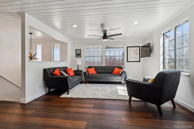 13472 W Dakota Ave, Lakewood, CO 80228 - living room with baseboards, ornamental molding, a ceiling fan, and hardwood / wood-style flooring