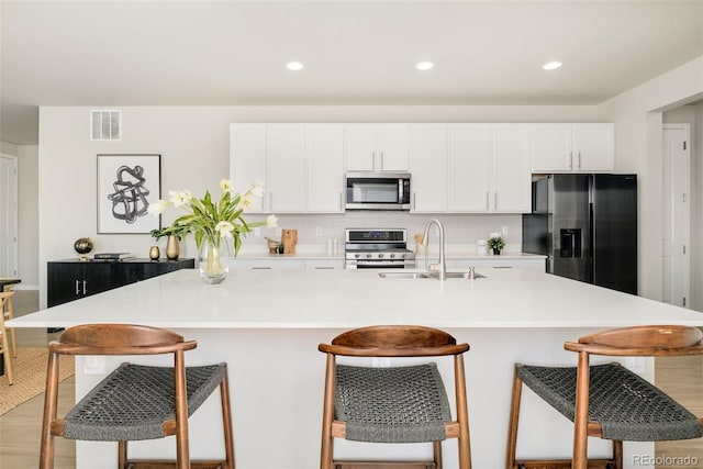 kitchen featuring appliances with stainless steel finishes, a sink, visible vents, and white cabinetry