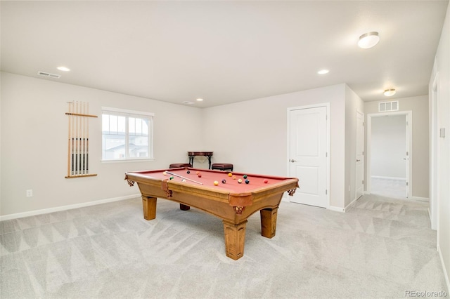 rec room featuring recessed lighting, visible vents, and light carpet