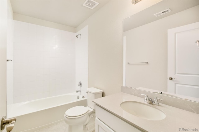 full bathroom with toilet, tub / shower combination, vanity, and visible vents