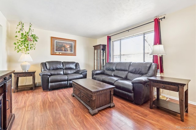 living room featuring baseboards and light wood-type flooring