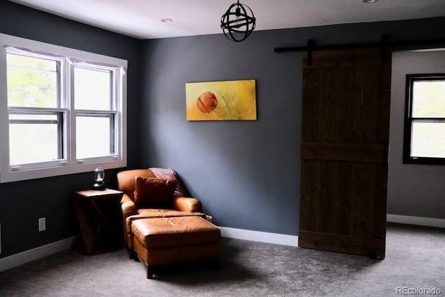 9092 Gray Ln, Conifer, CO 80433 - sitting room featuring baseboards, carpet flooring, and a barn door
