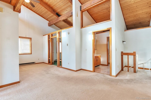 unfurnished bedroom with a baseboard radiator, carpet floors, wood ceiling, baseboards, and beam ceiling