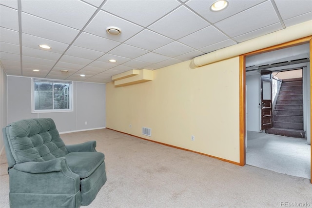 sitting room featuring baseboards, visible vents, stairway, carpet flooring, and recessed lighting