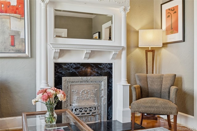 34 W Maple Ave, Denver, CO 80223 - detailed view of a textured wall, a premium fireplace, and wood finished floors