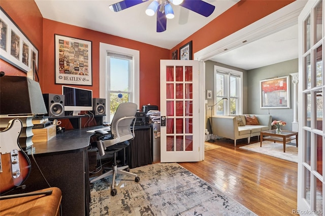 34 W Maple Ave, Denver, CO 80223 - office featuring french doors, ceiling fan, wood finished floors, and plenty of natural light