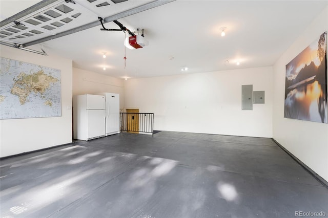 6901 E 12th Ave, Denver, CO 80220 - garage with freestanding refrigerator, a garage door opener, and electric panel