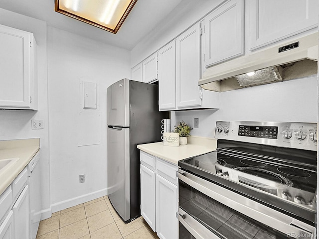 kitchen with white cabinetry, stainless steel appliances, light tile patterned floors, and custom range hood