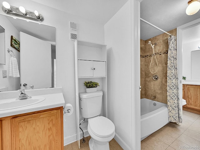 full bathroom featuring tile patterned flooring, shower / bath combination with curtain, vanity, and toilet