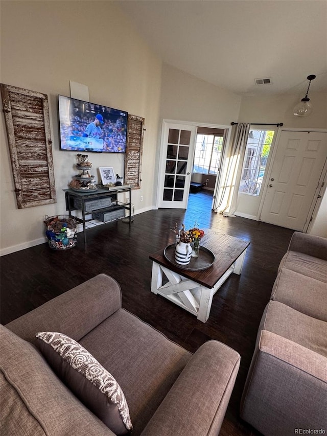 living room with lofted ceiling and hardwood / wood-style flooring