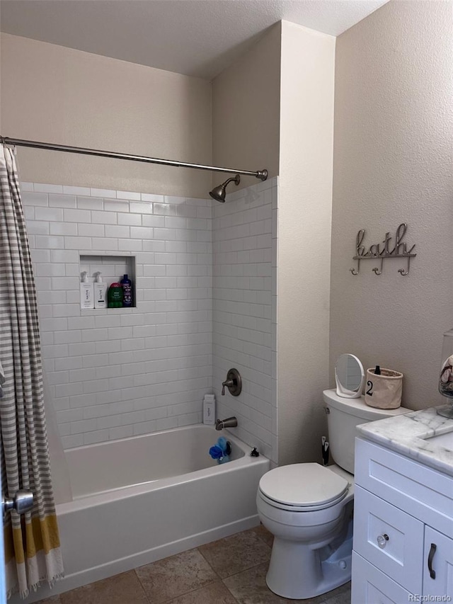 full bathroom with vanity, shower / bath combination with curtain, a textured ceiling, tile patterned flooring, and toilet