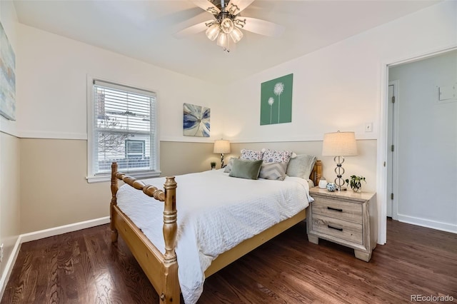 bedroom with ceiling fan and dark wood-type flooring