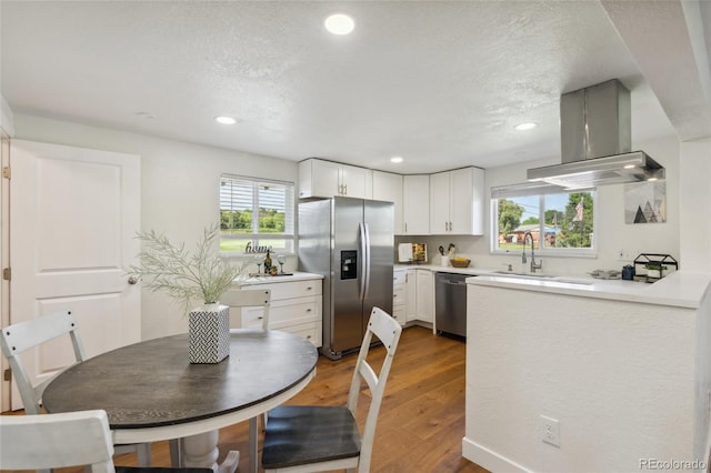 6193 Holland St, Arvada, CO 80004 - kitchen featuring stainless steel appliances, island range hood, healthy amount of natural light, white cabinetry, and recessed lighting