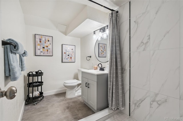 6193 Holland St, Arvada, CO 80004 - full bathroom with vanity, curtained shower, and concrete floors