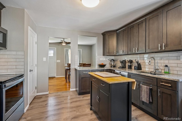 3995 Nelson St, Wheat Ridge, CO 80033 - kitchen featuring appliances with stainless steel finishes, wood counters, backsplash, dark brown cabinets, and a ceiling fan