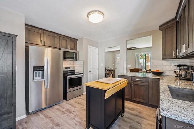 3995 Nelson St, Wheat Ridge, CO 80033 - kitchen featuring stainless steel appliances, decorative backsplash, light wood finished floors, and butcher block countertops