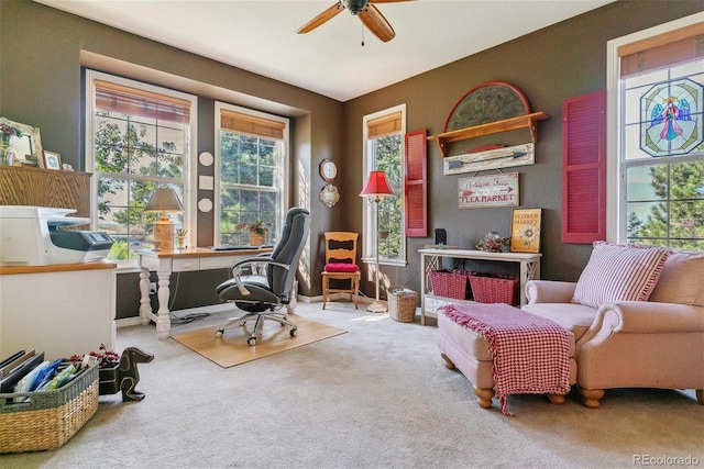 office space with ceiling fan and carpet flooring