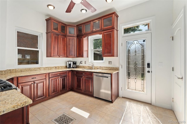 2829 N Franklin St, Denver, CO 80205 - kitchen featuring dishwasher, a ceiling fan, dark brown cabinets, and light tile patterned floors