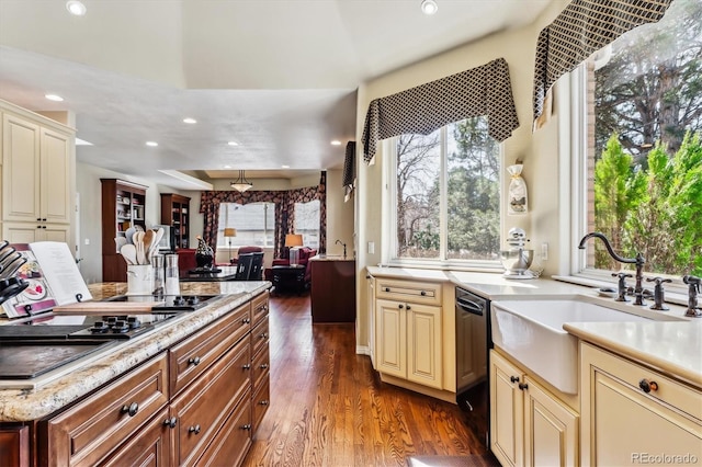 kitchen featuring a sink, plenty of natural light, cream cabinets, and dark wood-style flooring