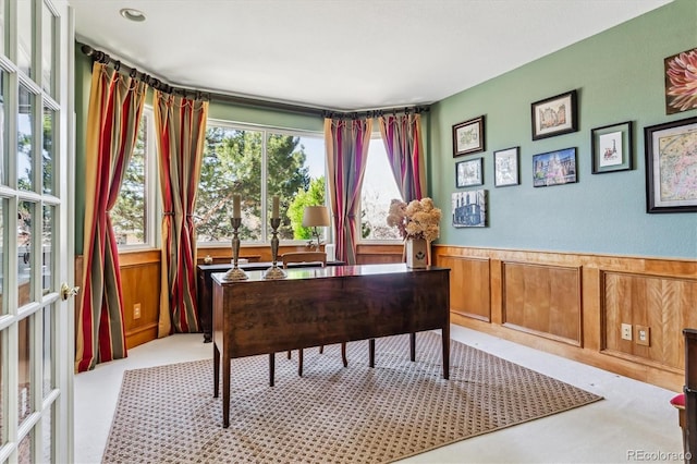 office featuring wainscoting, a healthy amount of sunlight, and light colored carpet