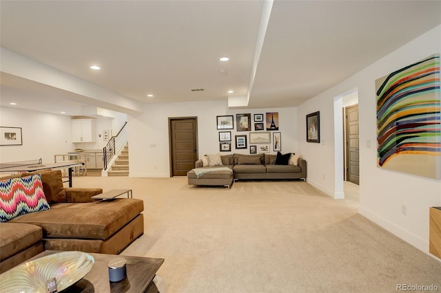 3436 W 154th Ave, Broomfield, CO 80023 - living area featuring stairway, light carpet, and recessed lighting