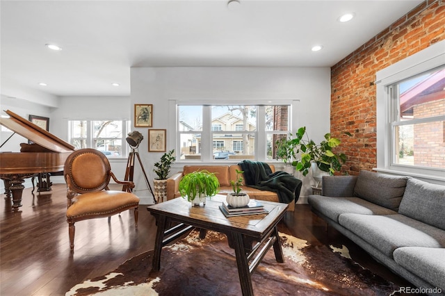 449 S Humboldt St, Denver, CO 80209 - living area featuring wood finished floors, recessed lighting, and brick wall