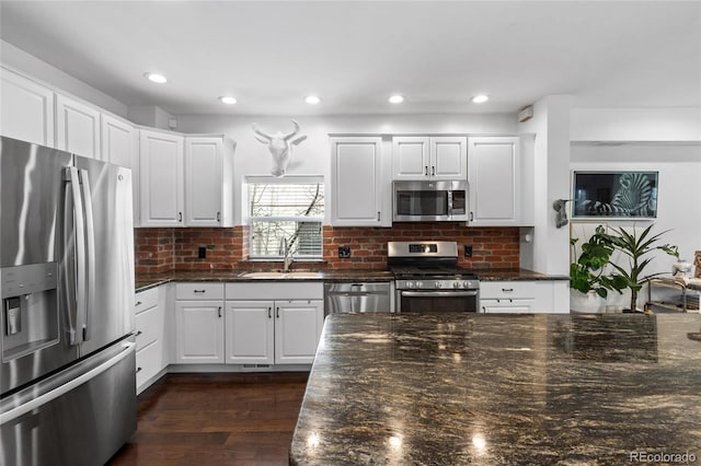 449 S Humboldt St, Denver, CO 80209 - kitchen featuring stainless steel appliances, a sink, dark wood-style flooring, tasteful backsplash, and recessed lighting