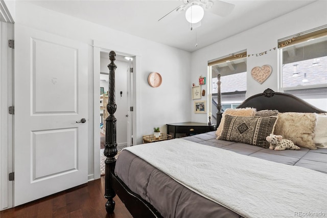 449 S Humboldt St, Denver, CO 80209 - bedroom with dark wood finished floors and ceiling fan