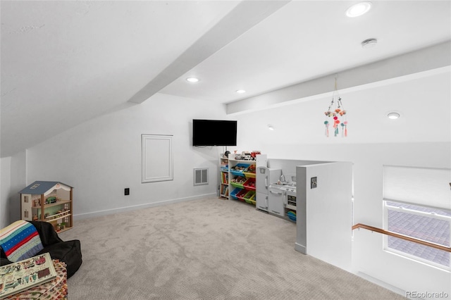 449 S Humboldt St, Denver, CO 80209 - game room featuring carpet flooring, recessed lighting, lofted ceiling, and baseboards