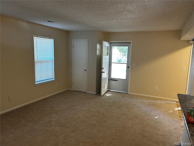 empty room with carpet flooring and a textured ceiling