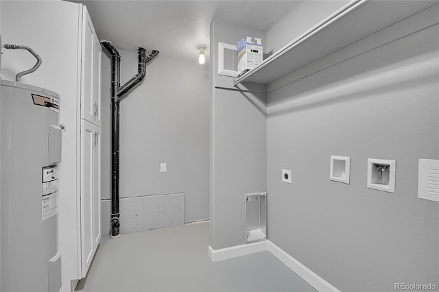 laundry area featuring water heater, baseboards, hookup for an electric dryer, hookup for a washing machine, and laundry area