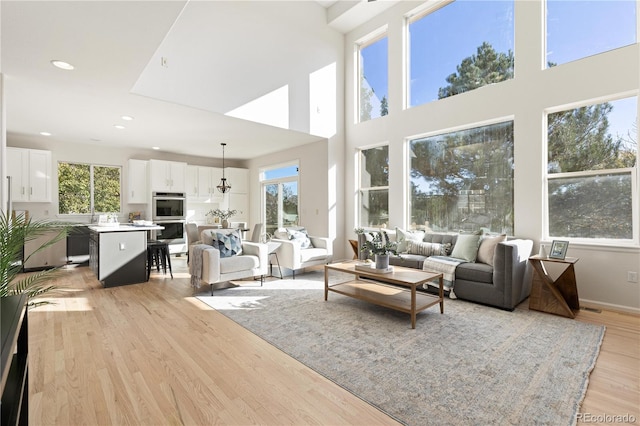 living room with light hardwood / wood-style floors and a high ceiling