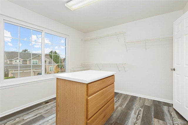 walk in closet with dark wood-type flooring