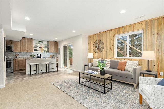 living room with wood-type flooring, sink, a wealth of natural light, and wood walls