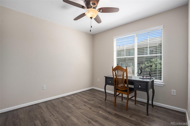22002 E Irish Dr, Aurora, CO 80016 - home office with dark wood-style floors and a ceiling fan