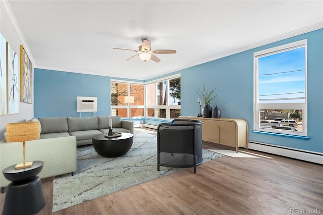 320 S Ames St Unit 5, Lakewood, CO 80226 - living area featuring ceiling fan, wood finished floors, a wall mounted air conditioner, crown molding, and a baseboard radiator