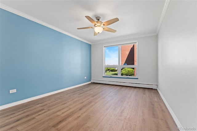 320 S Ames St Unit 5, Lakewood, CO 80226 - unfurnished room featuring a baseboard heating unit, wood finished floors, ornamental molding, a ceiling fan, and baseboards