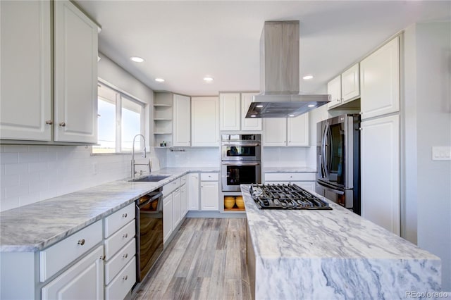 45321 Summit Rd, Parker, CO 80138 - kitchen with appliances with stainless steel finishes, island range hood, open shelves, white cabinetry, and recessed lighting