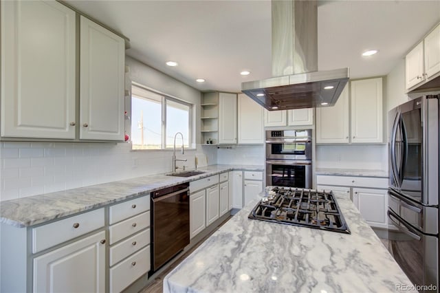 45321 Summit Rd, Parker, CO 80138 - kitchen featuring smart refrigerator, dishwasher, cooktop, stainless steel double oven, and island exhaust hood