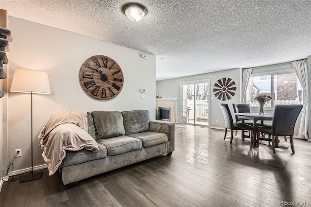 living room featuring a glass covered fireplace, wood-type flooring, and a textured ceiling