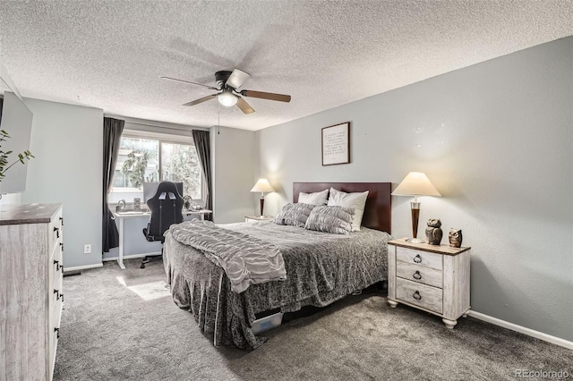 bedroom with a ceiling fan, baseboards, carpet floors, and a textured ceiling