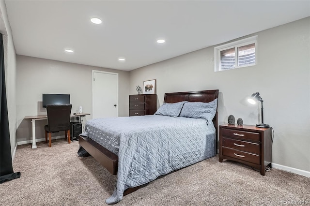 carpeted bedroom with recessed lighting and baseboards